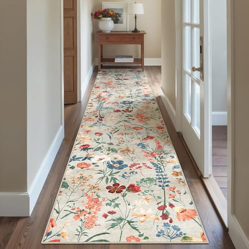 HUGEAR Alfombra Larga Pasillo Beige Antideslizante Lavables en Lavadora Carpete Cocina Comedor Habitacion Tapetes Moderno Flor Pelo Corto Tapete 80x400cm