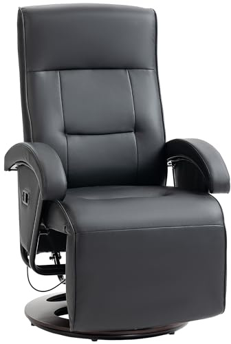 HOMCOM Fauteuil de relaxation pivotant avec fonction allongée, fauteuil inclinable TV avec dossier réglable, repose-pieds, fauteuil de repos pour salon, cuir synthétique, noir