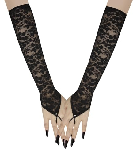 Long Keeper Elegant Floral Lace Gloves for Women Elbow Length Fingerless Long Gloves with Finger Loops for Bridal Opera Evening Wedding Party Prom, One Size (Black, One Size)