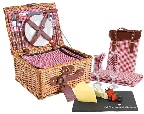 eGenuss Cesta de Picnic Personalizada para 2 Personas, Cesta de Mimbre con Compartimento térmico, Manta, Tabla de Pizarra, Bolsa, servilletas – Cerámica, Vidrio, Acero INOX | Rojo
