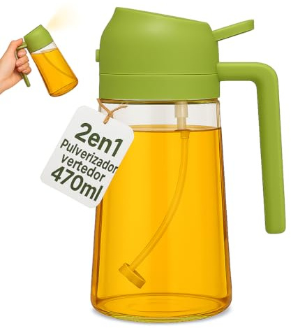 Genérico No.Na Aceitera Spray 2 en 1 (470 ml) – Dispensador y Pulverizador de Aceite de Oliva Antigoteo – Botella de Vidrio para Cocina, Freidora de Aire y Barbacoa