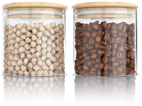 Arendo - Vorratsgläser mit Deckel - 2er Set - Behälter aus Glas – hitzebeständig – Vorratsdosen mit Bambusdeckel - luftdicht - für Müsli Zucker Mehl Kaffee Reis