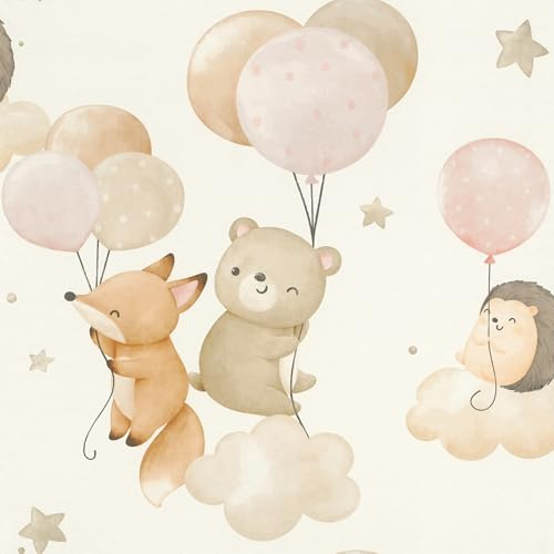 Rasch Tapete 302110 - Vliestapete mit Tieren und Ballons, Kindertapete mit Igel, Bär und Fuchs in Rosa und Beige - Kollektion Kids World
