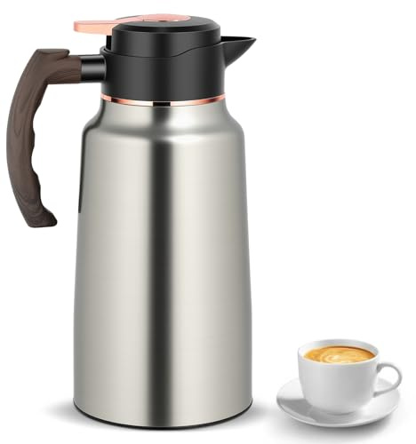 2 Litre Insulated Coffee Jug & Thermal Carafe, Stainless Steel Vacuum Flask with One-Touch Lid for Long-Lasting Heat & Cold Retention, Ideal for Coffee, Tea, Milk at Home, Office or Outdoors (Silver)