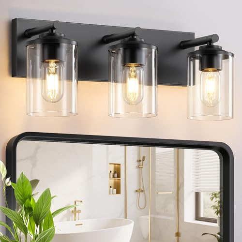 Mikniri 3-Light Bathroom Light Fixtures, Matte Black Bathroom Vanity Lighting Over Mirror with Clear Glass Shades, Modern Vanity Lights for Bath Wall Sconces Lamp for Powder Room, Bedroom, Hallway