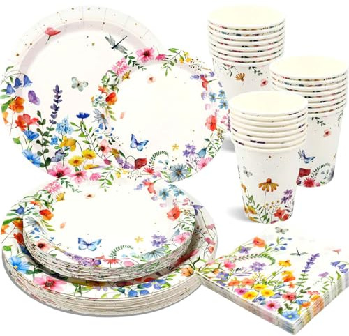100 pièces de décorations de fête de printemps avec fleurs sauvages - Décorations de fête prénatale avec fleurs sauvages - Vaisselle comprenant assiettes, serviettes, gobelets pour pique-nique de