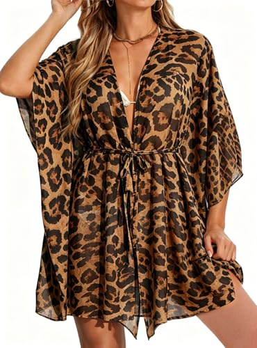 Vossmi Plage Mini Robe pour Femme Cache Maillot Bikini Cover Up Casual Robe Courte à Cordon Taille Ajustée Robes Cardigan Beachwear Printemps Imprimé léopard,Taille Unique