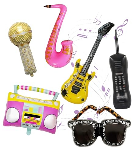 6Pcs Photo Booth Props, Party Props for Adult Events, Inflatable Props with Guitar and Microphone, Disco Themed Decorations for Music Festivals and Social Media Content