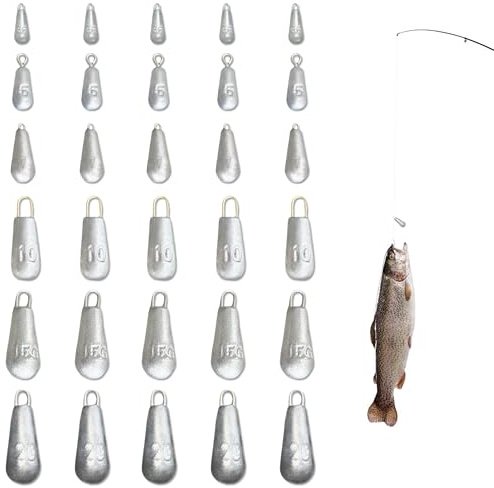 JNYUTEEN Pesas de Pesca, 30 Piezas Dropshot de Plomo de Pesca en 6 Tamaños, Pesca Sinker en Forma de Gota con Ojal para Pesca de Siluro, Agua Salada, Agua Dulce y Montajes de Fondo