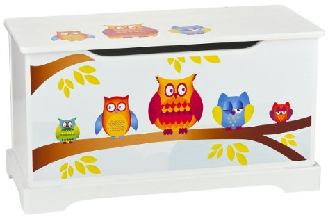 leomark wooden box for children's - 59 x 26 x 32 cm (H), storage bench for toys, child chest bench, white toy storage box, seat with storage and space for plaything, motif: Owls