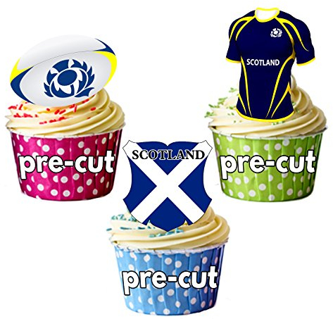 AK Giftshop Scotland Rugby Team Shirt, Ball and Flag Mix, Cake Decorations - Edible Stand-Up Cupcake Toppers (pack of 12)