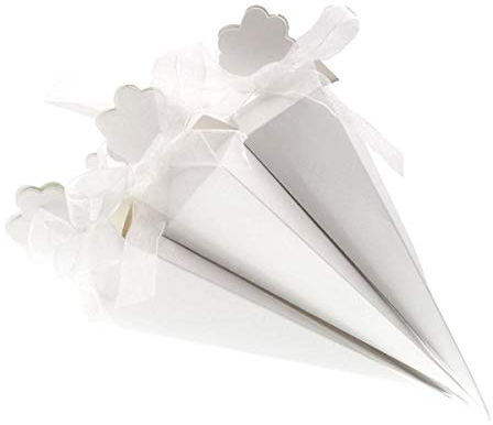 JZK 50 x Weiß langer Dreieckkegel Schachtel Geschenkbox Hochzeit Geschenkbox Favours Box Taufe Kasten Geburtstag Party Kartonagen für Süßigkeiten Bonboniere Bonbons Schokolade Schmuck