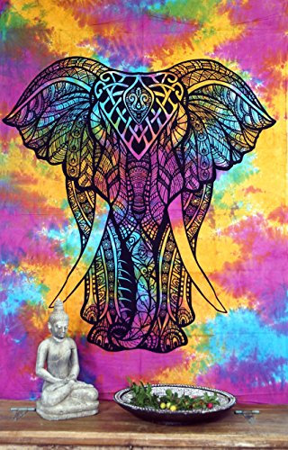 GURU SHOP Boho-Style Wandbehang, Indische Tagesdecke - Chakra Yogi Elefant/Regenbogen, Baumwolle, 190x140x0 cm