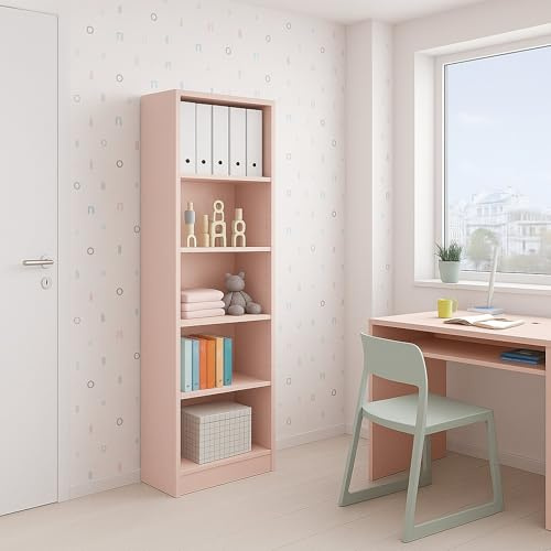 Dmora - Libreria Pomona, Mobile portalibri alta a 5 ripiani, Scaffale da ufficio o cameretta, Scaffale moderno con scomparti, 52x25h180 cm, Rosa