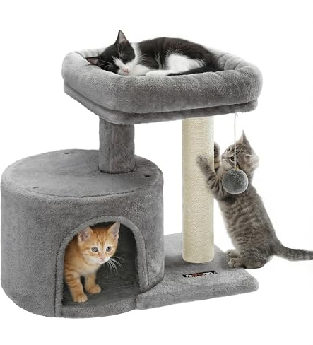 Feandrea Cat Tree, Small Cat Tower with Sisal Scratching Post, Plush Condo with Padded Perch, for Small Spaces, Kittens, Light Gray UPCT50W