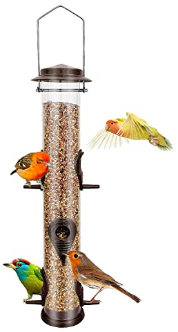 Urban Deco Metal Bird Feeder Tube Hanging Feeders Wild Bird Seed Feeder Heavy Duty Metal 6 Port Bird Feeders with Steel Hanger Weatherproof and Water Resistant Great for Attracting Birds (Coffee)