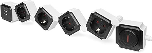 DIGITUS Flexible Steckdosenleiste mit USB - 2x USB-A Lade-Port - 4 Steck-Dosen - Fuß-Schalter - Max. 3680 Watt