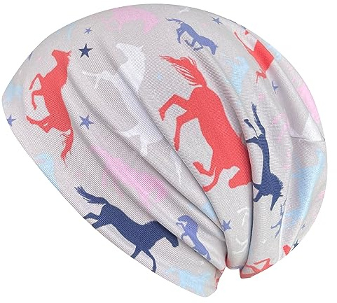 Wollhuhn EKO pojkar/flickor bekväm mjuk lång mössa/mössa/beanie-mössa/stickad mössa/barnmössa jersey fodrad övergångstider (ekologiskt tyg/bio), Pony/hästar grå/färgglad, 52/54 cm
