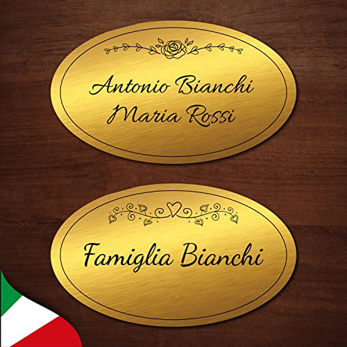 Targa nome per portone ingresso, in laminato plastico oro e argento spazzolato, incisa a laser, personalizzabile, con biadesivo. MADE IN ITALY (ORO)