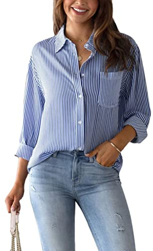 Tomwell Femmes Chemise Rayée Casual À Manches Longues Col V Chemisier Bouton de Bureau Classique Chemisier Élégant Haut Automne Hiver Slim Bouton Blouse Tops Shirts A Bleu M