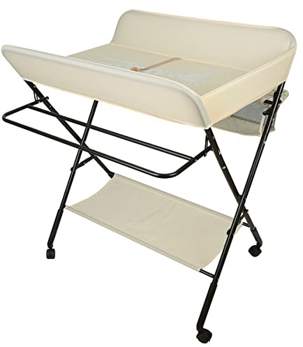 RELOVE Table à Langer Pliante avec Panier de Rangement Latéral, Structure en Fer Charge Max 25KG, pour Nouveau-Né, Design Ergonomique, 80x66x98cm (Beige)