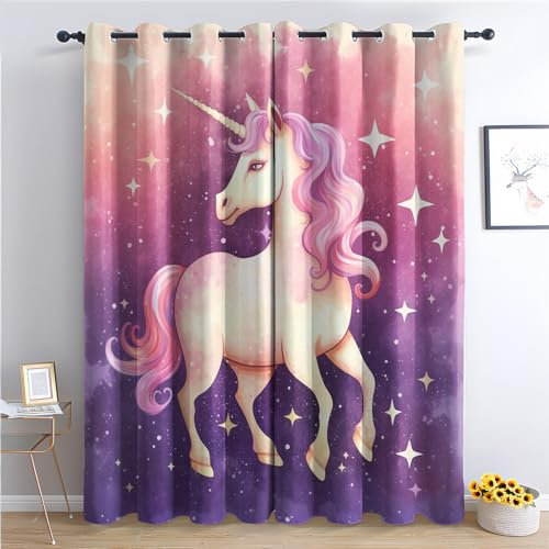 Einhorn Vorhänge, Verdunklungsvorhänge mit Muster Sterne, Vorhang Blickdicht mit Ösen, Gardinen für Wohnzimmer Schlafzimmer Kinderzimmer Deko 2er Set - 160x132 (H X B) (Q1-&107)