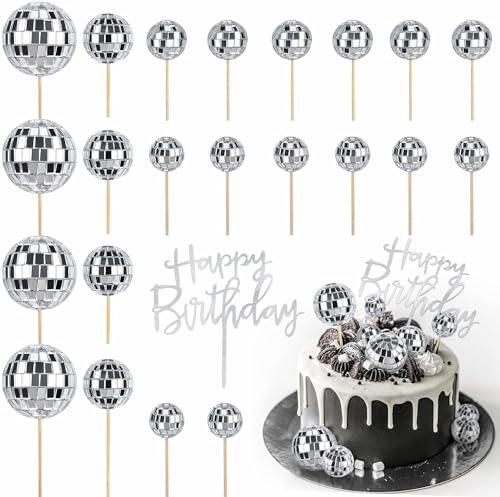Socluer 23 Stück Discokugel Kuchen Toppers Set mit Happy Birthday Topper, 1970S Disco Tortendeko, Disco Balls Cake Toppers für Geburtstags, Disko Themenparty