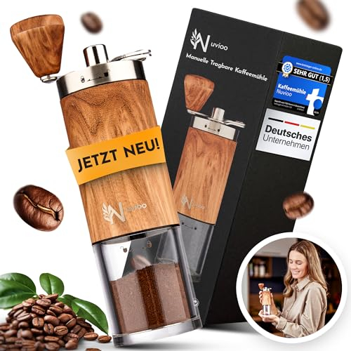 Nuvioo Kaffeemühle Manuell Holz mit stufenlos einstellbarem Keramikmahlwerk -8 Mahlgrade- Praktisch verstaubar Coffee Grinder für jede Art von Kaffee Espresso Handkaffeemühle für Outdoor und Camping