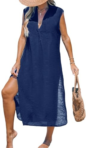 CUPSHE Women's Sleeveless V Neck Swimsuit Coverup Side Split Long Cardigans Sheer Beach Dress Navy M