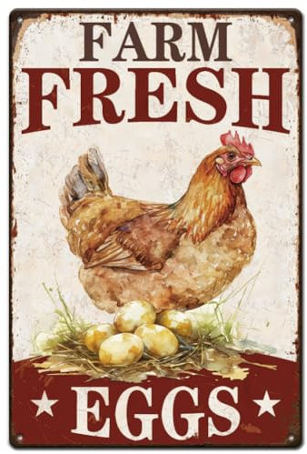 SUPERDANT Letreros de metal con huevos frescos de granja, letrero de lata de gallinero, placas de pared divertidas y placa de metal vintage para granja, cocina, cueva de hombre, decoración vintage