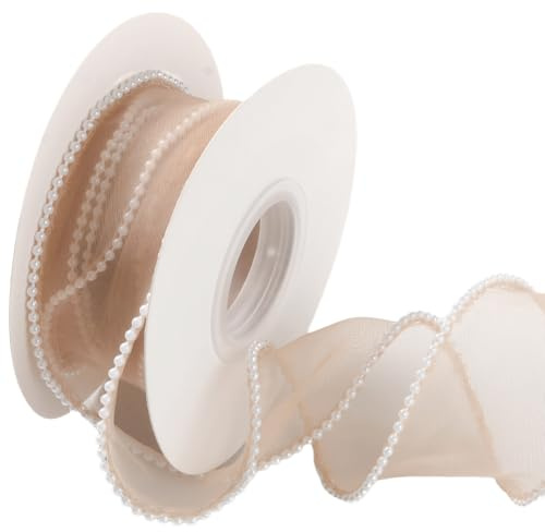 CABODYALS 4.57M 40mm Brown Wired Sheer Ribbon Faux Pearl Edged Organza Trim Smooth Fishtail Yarn Mesh Chiffon Lace Ribbons with Spool for Sewing Making Craft Flower Bouquet Invitions DIY Cake Decor