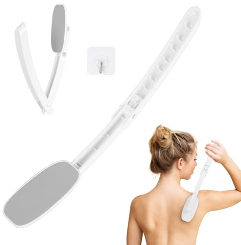 LOPHE Rücken Eincremehilfe, Körperwäsche Lotion Applikator, Rückenbürste mit Applikator Pads, Rückenbürste mit langem Griff, Rückenschrubber（Hellgrau）