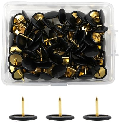 100 Pcs Black Drawing Pins, Round Head Thumbtacks, Metal Push Pins with Storage Box Gold Steel Tip Flat Lap Pins for Pinboard, Bulletin Board, Office, Home
