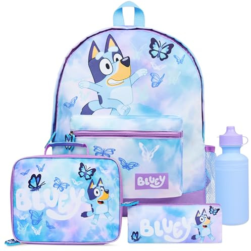 Bluey Backpack Set 4 Pcs Water Bottle Pencil Case School Bag Swim or Lunch Bag Nursery School Supplies Travel Rucksack Set Butterfly