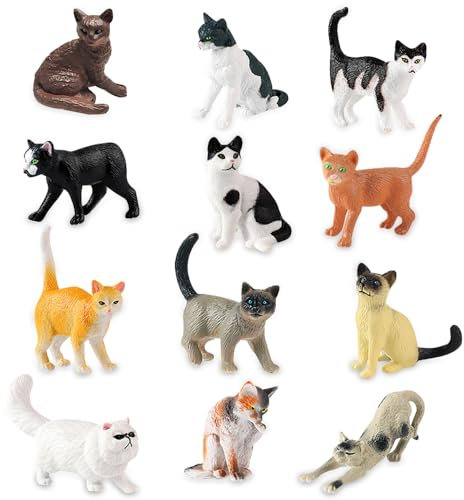 KLYKLL Animales de Juguete, 12 Figuras de Gatos Realistas, Figuras de Gatos Miniaturas, Figuras de Gatos Plástico para Cumple Gatito Decoración Paisaje para Niños Regalo de Cumpleaños