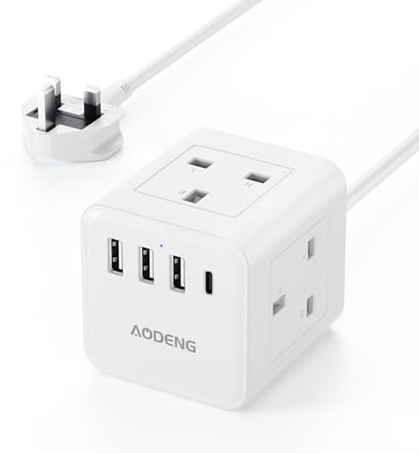 Extension Lead with 4 USB Slots, 4 Way (13A/3250W) Multi Plug Extension Cable, UK Desktop Power Extension Cord with Multi Socket, 1.5M Extension Cable (white, 1.5MPD)