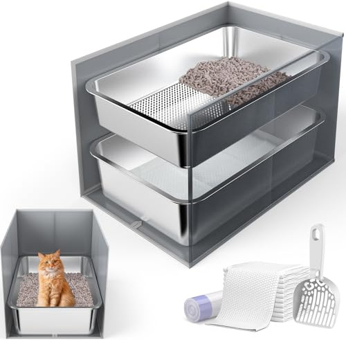 60 cm x 40 cm x 15 cm kattlåda i rostfritt stål med kattlåda hölje stänkskydd för stora katter, multikatter, hög siktning kattlåda för icke-klumpande strö, enkel rengöring för långvarig