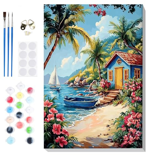 Lxmsja Paisaje Pintar por Numeros Adultos con Marco, DIY Mar Cuadros para Pintar Colorear por Números Lienzos, Pintura Acrilica Manualidades Adulto Decoracion Hogar Pared 20x30cm
