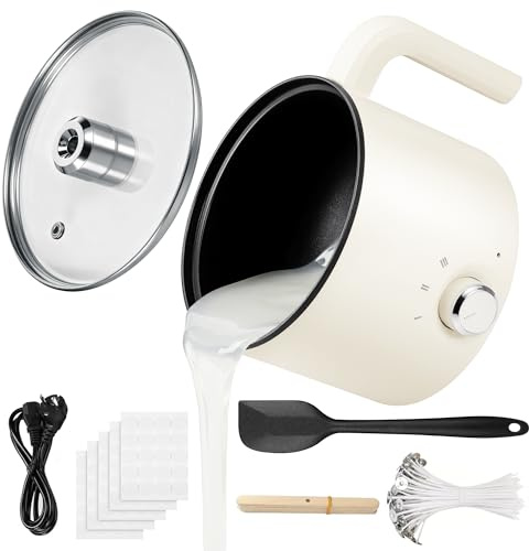Sciogli Cera per Candele , 1,8L Fusore di Cera Elettrico，Kit Candele Fai da Te con Beccuccio Versatore, Fonditore Elettrico, Stoppino, Adesivo per Stoppini, Centraggio, Cucchiaio per Mescolare