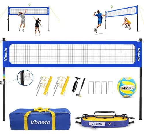 Vbneto Volleyball Net for Backyard, No Sagging Professional Heavy Duty Outdoor Portable Net Set with Poles, Adjustable Height, Includes Volleyball & Carry Bag, Ideal for Beach and Grass