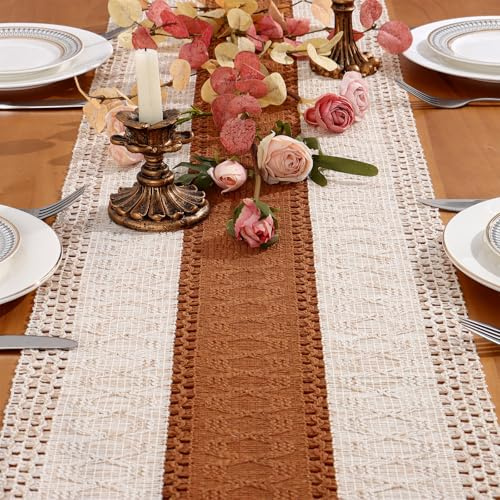 Dremisland Table Runner Macrame Autumn 95 Inch Boho Table Cloth Caramel | Farmhouse Woven Cotton Table Cover Fall Rustic Dresser Scarf Table Decoration for Dining Kitchen Table Party Birthday Decor