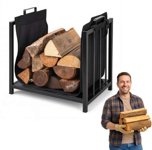 Anwicar Stålveddörr med transportväska 50 x 50 x 37 cm - Stabil och kompakt vedbod för inomhus- och utomhusbruk - Pulverlackerat stål - Svart