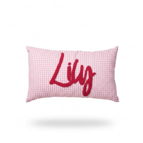 Custom Kids’ Name Pillowcase – Embroidered Gingham Lumbar Cushion for Baby Nursery or Toddler Room – Personalized Plaid Decor – Keepsake Gift for Newborn, Baptism or First Birthday