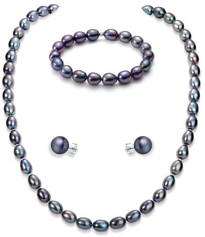YAMI Perlenkettenset, Schwarz Perlenschmuckset, Perlenohrringe, Perlenkette Damen, Perlenarmband 6–7 mm, 925er Sterlingsilber, Damenschmuck für Jeden Anlass