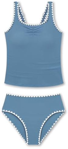 Miyanuby Girls Tankini Swimsuit Padded Bras Girls Swimming Costume Solid Color Tankini Set Kids Bathing Suit Contrast Trim Swimwear for 9-16 Years Blue