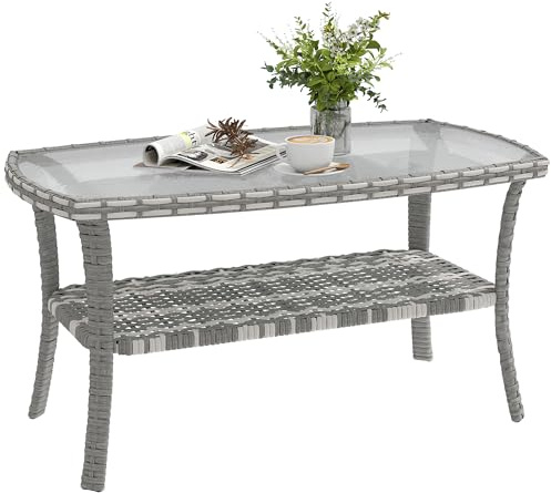 Outsunny Tavolo da giardino esterno in rattan con mensola, tavolino rettangolare da giardino, piano in vetro temperato con onde, struttura in acciaio, per terrazza, patio, 90 x 50 x 45 cm, grigio