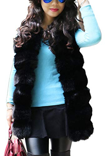 YOUCAI Gilet en Fausse Fourrure Sans Manches Femme Chaud Élégant Duveteux Fourrure Artificielle Manteau Veste Mi-Longue Trench Parka,L,Noir