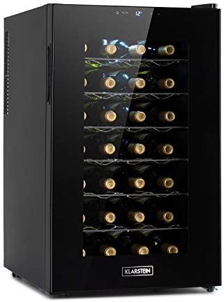 Klarstein Barolo 28 Uno Weinkühlschrank, 70 Liter / 28 Flaschen, Temperatur: 11-18 °C, Geräuscharm: 26 dB, 6 Metallregalebenen, LED-Beleuchtung, UV-Schutz, Weinkühler, Freistehend