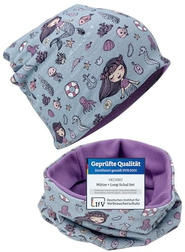 HECKBO Kids Wintermütze & Schal Set - Meerjungfrau - 2-8 Jahre - 95% Baumwolle mit Fleece Mütze - Herbst Frühling Winter (48–54 cm)