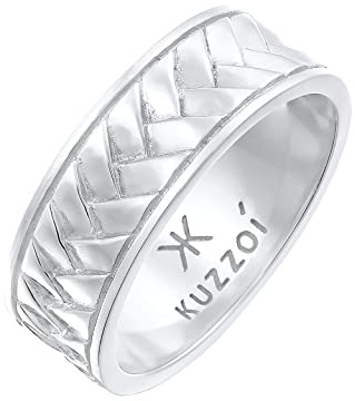 Kuzzoi Herrenring poliert, Bandring massiv (7 mm) in 925 Sterling Silber, Vintage Herren Schmuck Accessoire mit Fischgräten Struktur, Markanter Ring für Männer, Ringgröße 66, 0611681921_66